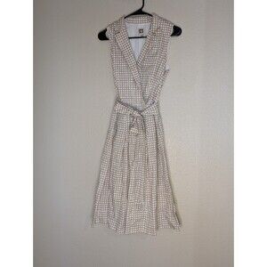 Anne Klein Dress 8 Notch Collar Tan White Polka Dot Faux Wrap